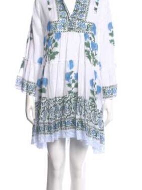 Juliet Dunn White Dress with Blue Floral and Green Accents